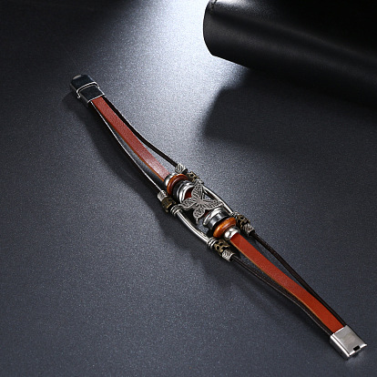 Vintage PU Leather Cord Multi-strand Bracelets, with Alloy Enamel and Wooden Beads, Antique Silver