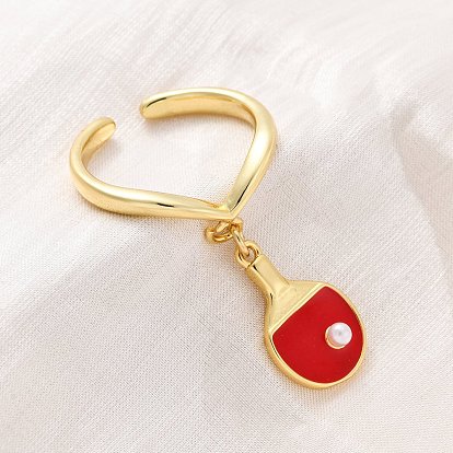 Латунные эмалевые открытые манжеты для женщин, ракетка для настольного тенниса, с пластиковой жемчужины, стойки покрытие, прочное покрытие, без кадмия и без свинца