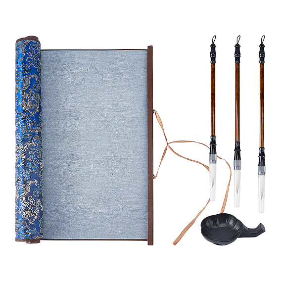 Chinese Calligraphy Brush Set, include Polyester Calligraphy Cloth, 3 Wood Brushes & Palstic Ink Rest