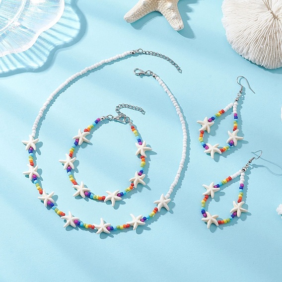Браслеты, серьги и ожерелья из синтетической бирюзы и стеклянных бусин в виде морской звезды, 304 комплекты ювелирных изделий из нержавеющей стали и цинкового сплава