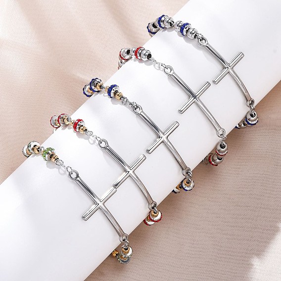 201 из нержавеющей стали ссылку цепи браслеты, с 304 застежками из нержавеющей стали и стразами, крестик