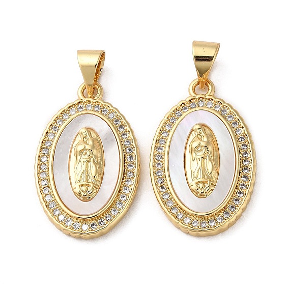 Brass Micro Pave Cubic Zirconia Pendants, Cadmium Free & Lead Free, with Shell, Oval