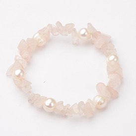 Gemstone Chip Stretch Bracelets, with Grade B Potato Freshwater Pearl Beads, 55mm