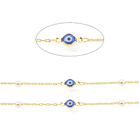 Brass Drawn Elongated Cable Chains, with Round Glass and Evil Eyes Enamel, Long-Lasting Plated, Soldered, with Spool