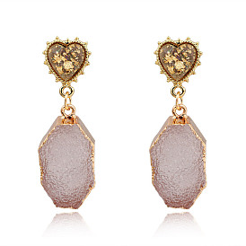 Unique Heart-shaped Earrings with Natural Stone-like Resin Drops - Long Dangle Jewelry