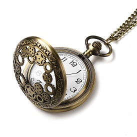 Alloy Glass Pendant Pocket Necklace, Electronic Watches, with Iron Chains and Lobster Claw Clasps, Flat Round with Gear