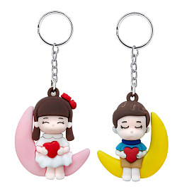 Cartoon Moon Above Heart PVC Keychain for Couples - 3D Figure Pendant Accessory