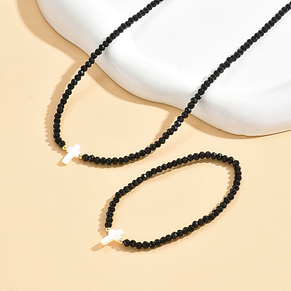 Glass Beaded Jewelry Set, Natural Shell Cross Pendant Necklace & Link Bracelet