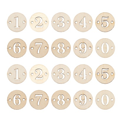 100pcs 10 Styles Unfinished Natural Poplar Wood Links Connectors, Laser Cut, Flat Round with Number, with Jute Cord, for Jewelry Making