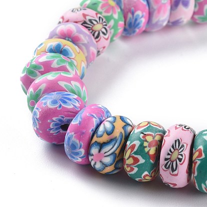 Handmade Flower Printed Polymer Clay Beads Strands, Rondelle