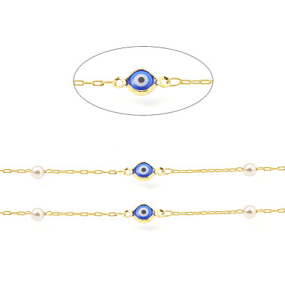 Brass Drawn Elongated Cable Chains, with Round Glass and Evil Eyes Enamel, Long-Lasting Plated, Soldered, with Spool