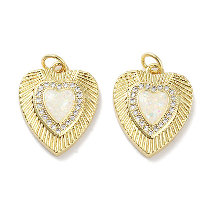Brass Micro Pave Clear Cubic Zirconia Pendants, Cadmium Free & Lead Free, with Synthetic Opal and Jump Rings, Real 18K Gold Plated, Heart Charms