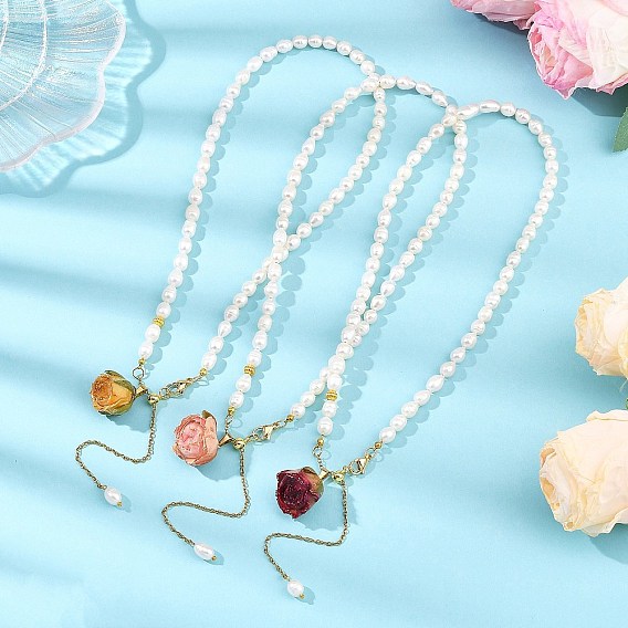 Collares tipo lariat con colgante de flor de rosa seca en el interior, con resina epoxi y perlas naturales., Collares en Y ajustables para mujer, dorado