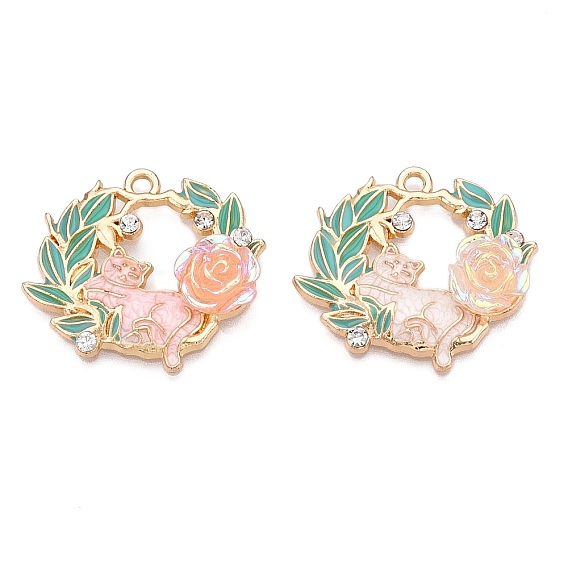 Стойки обшивки сплава эмали подвески, паве из стразов и смолы, без кадмия, без никеля и без свинца, золотой свет, цветок с кошачьим шармом