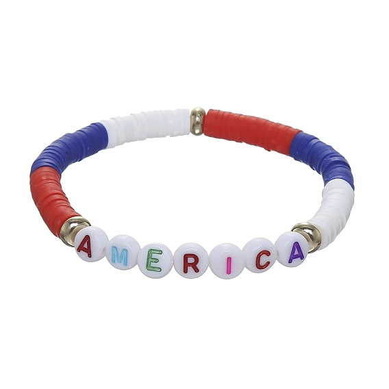 Polymer Clay Heishi Surfer Stretch Braclets, Word Acrylic Beads Bracelet for Independence Day