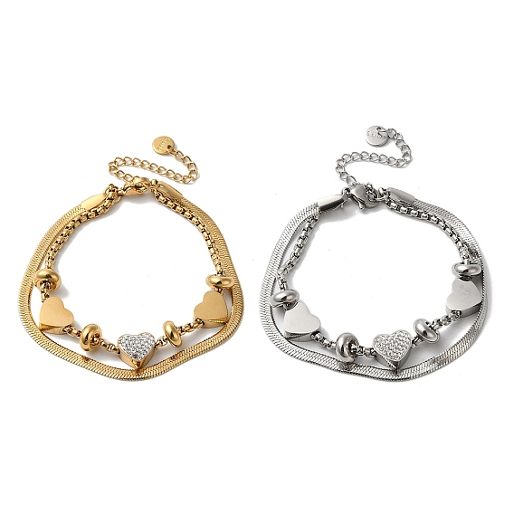 Многорядные браслеты из нержавеющей стали с кристаллами и стразами в форме сердца для женщин