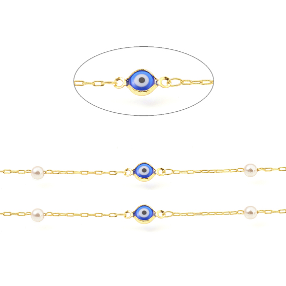 Brass Drawn Elongated Cable Chains, with Round Glass and Evil Eyes Enamel, Long-Lasting Plated, Soldered, with Spool
