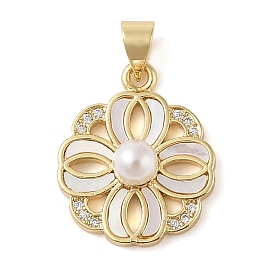 Brass & Shell & Clear Cubic Zirconia Pendants, with ABS Plastic Pearl, Flower