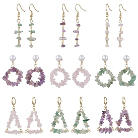 9 пары 9 стили наборы сережек из натуральных драгоценных камней, со стеклянными шариками и 304 результатов нержавеющей стали