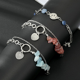 Bracelet unique en pierre rose bleue irrégulière avec cœur et visage souriant pour les couples