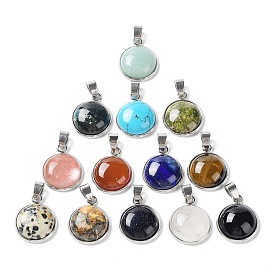 Mixed Stone Pendants, Half Round/Dome Charms with Stainless Steel Color Plated 304 Stainless Steel Frame