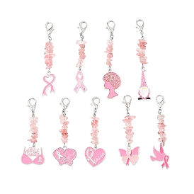 9 шт. Информационная лента из сплава с эмалевым кулоном, с карабинами из цинкового сплава и бусинами из вишневого кварцевого стекла