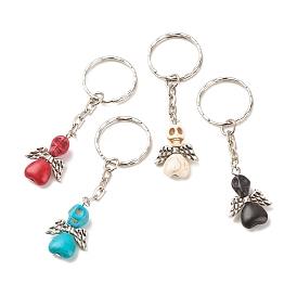 Dyed Synthetic Turquoise Keychains, with CCB Plastic Beads and Iron Split Key Rings, Angel