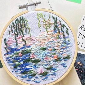 DIY Lotus Pattern Embroidery Starter Kit, Cross Stitch Kit Including Imitation Bamboo Frame, Carbon Steel Pins, Cloth and Colorful Threads