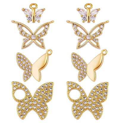8Pcs 4 Style Brass Micro Pave Cubic Zirconia Pendants, Butterfly