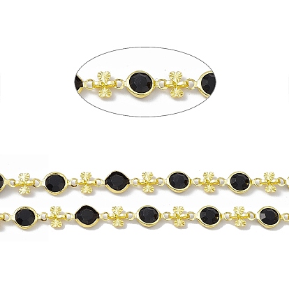 Handmade Brass Flat Round & Heart Link Chains, with Black Glass Beaded, Soldered, with Spool