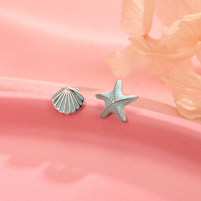 925 стерлингового серебра кубического циркония серьги стержня, с эмалью, раковина и морская звезда, слева и справа