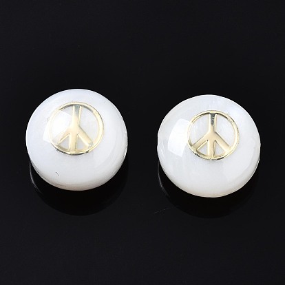Freshwater Shell Beads, Golden Metal Enlaced, Flat Round with Peace Sign
