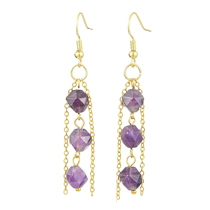 Natural Amethyst Dangle Earrings, with Brass Cable Chains and 304 Stainless Steel Earring Hooks, Round