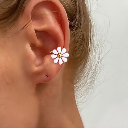 304 Stainless Steel Cuff Earrings, Flower, with Enamel