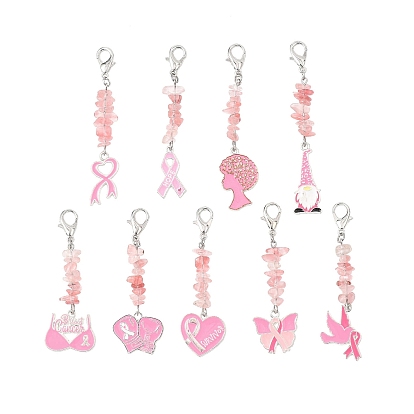 9 шт. Информационная лента из сплава с эмалевым кулоном, с карабинами из цинкового сплава и бусинами из вишневого кварцевого стекла