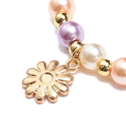 Glass Pearl Beaded Stretch Bracelet with Alloy Enamel Daisy Charm for Women