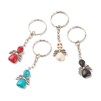 Dyed Synthetic Turquoise Keychains, with CCB Plastic Beads and Iron Split Key Rings, Angel