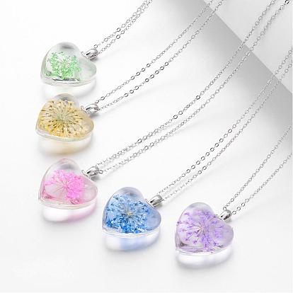 Collares colgantes de cristal, corazón, con cadenas de latón, Platino
