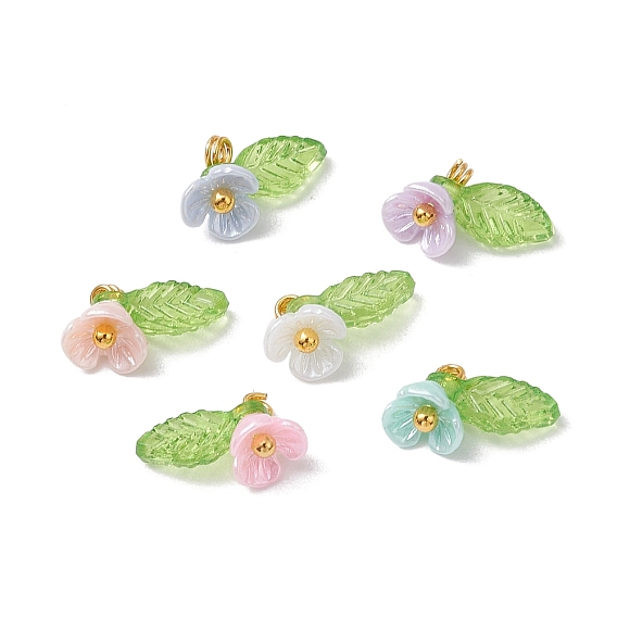 6шт. подвески из искусственного жемчуга из смолы, цветок, с золотыми латунными булавками с шарообразными головками и прозрачными акриловыми подвесками