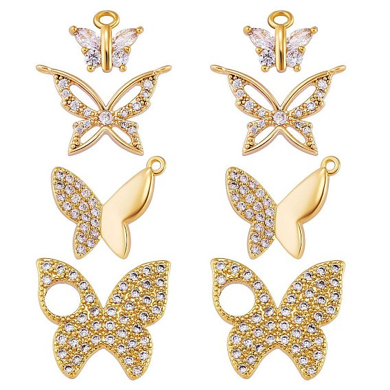 8Pcs 4 Style Brass Micro Pave Cubic Zirconia Pendants, Butterfly