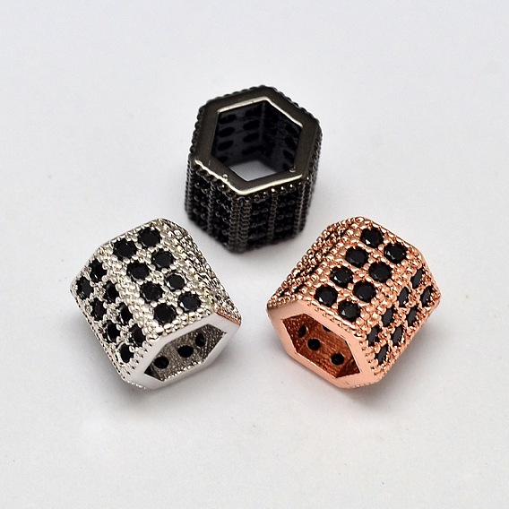 Hexagonal Prism Brass Micro Pave AAA Cubic Zirconia European Beads, Large Hole Beads, Cadmium Free & Nickel Free & Lead Free, 8x8mm, Hole: 5mm