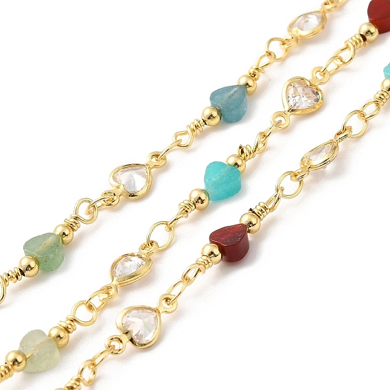 Heart Handmade Natural Gemstone Beaded Chains, Real 18K Gold Plated Brass Cubic Zirconia Chains, Soldered, with Spool, Cadmium Free & Lead Free