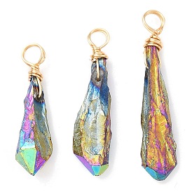 Electroplated Raw Rough Natural Quartz Crystal Copper Wire Wrapped Pendants, Rainbow Plated Teardrop Charms