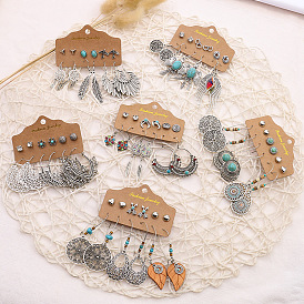 Stylish 6-Piece Earring Set with Leaf, Wing, Geometric and Tassel Ear Drops