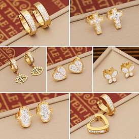 Fashion Stainless Steel Earrings with Heart-shaped Diamond and Eye Design (E467)