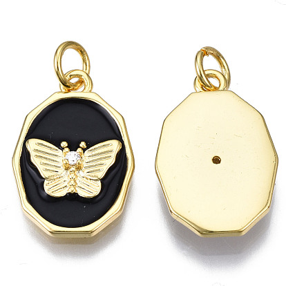 Brass Micro Pave Clear Cubic Zirconia Enamel Pendants, with Jump Ring, Cadmium Free & Nickel Free & Lead Free, Real 16K Gold Plated, Oval with Butterfly