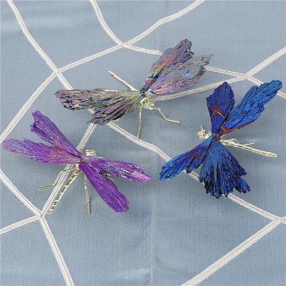 Electroplate Natural Tourmaline Insect Dragonfly Figurine, with Alloy Findings, for Desktop Ornament