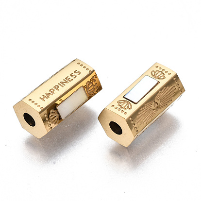 304 Stainless Steel Beads, with Shell, Hexagonal Prism with Word Happiness