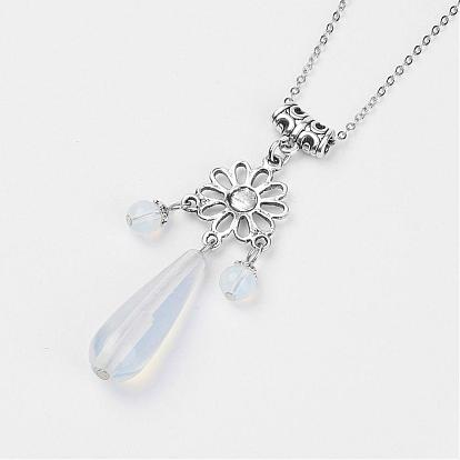 Gemstone Jewelry Sets, Pendant Necklaces & Hoop Earrings, with Brass Findings, Flower & Teardrop