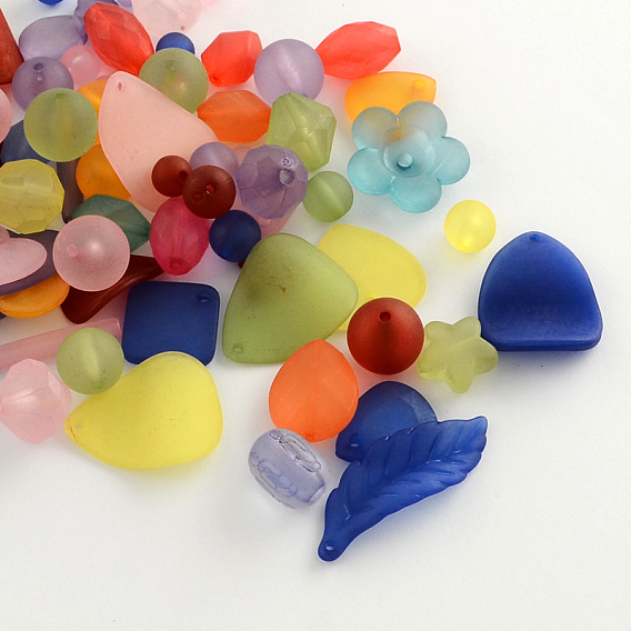 Mixed Frosted Style Transparent Acrylic Beads/Pendants, 9~40x4~22x1.5~14mm, Hole: 1~2mm